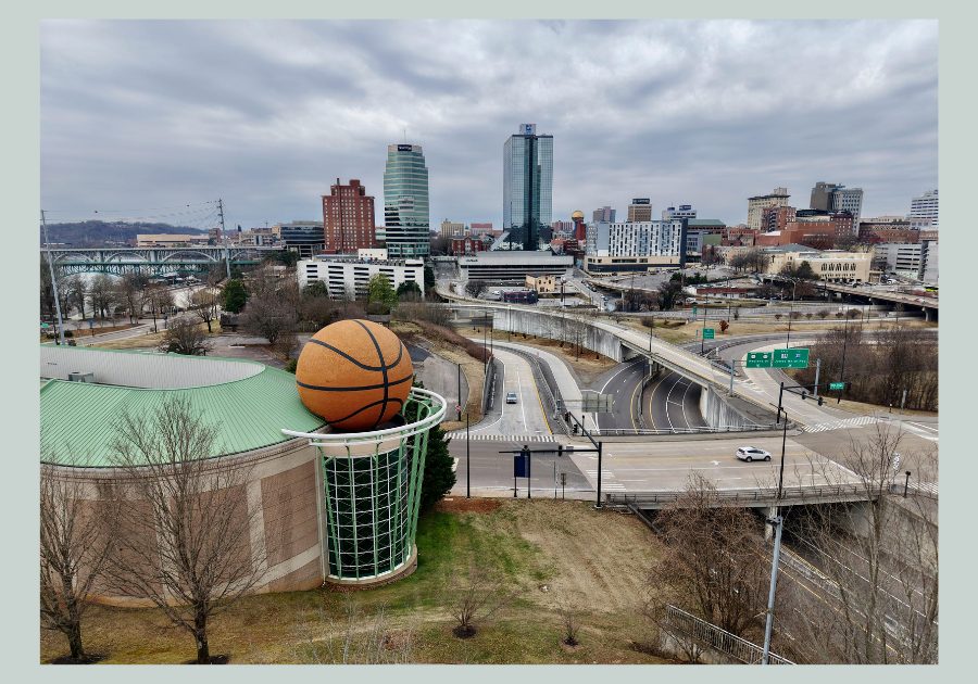Knoxville Tennessee skyline featuring the Women’s Basketball Hall of Fame and downtown buildings