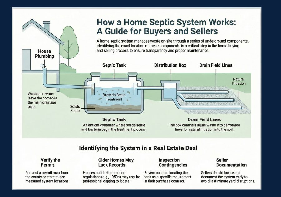 Diagram showing how a residential septic system works including house plumbing, septic tank, distribution box, and drain field lines.