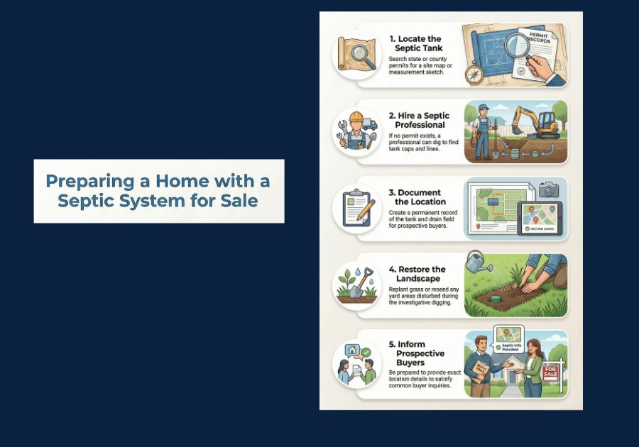 Infographic showing steps for preparing a home with a septic system for sale including locating the septic tank, hiring a septic professional, documenting the system, restoring landscaping, and informing buyers.
