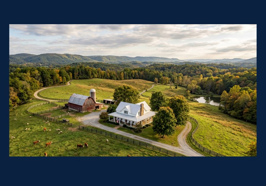 Aerial view of a rural East Tennessee home on acreage with farmland, hills, and surrounding countryside where septic systems are common.